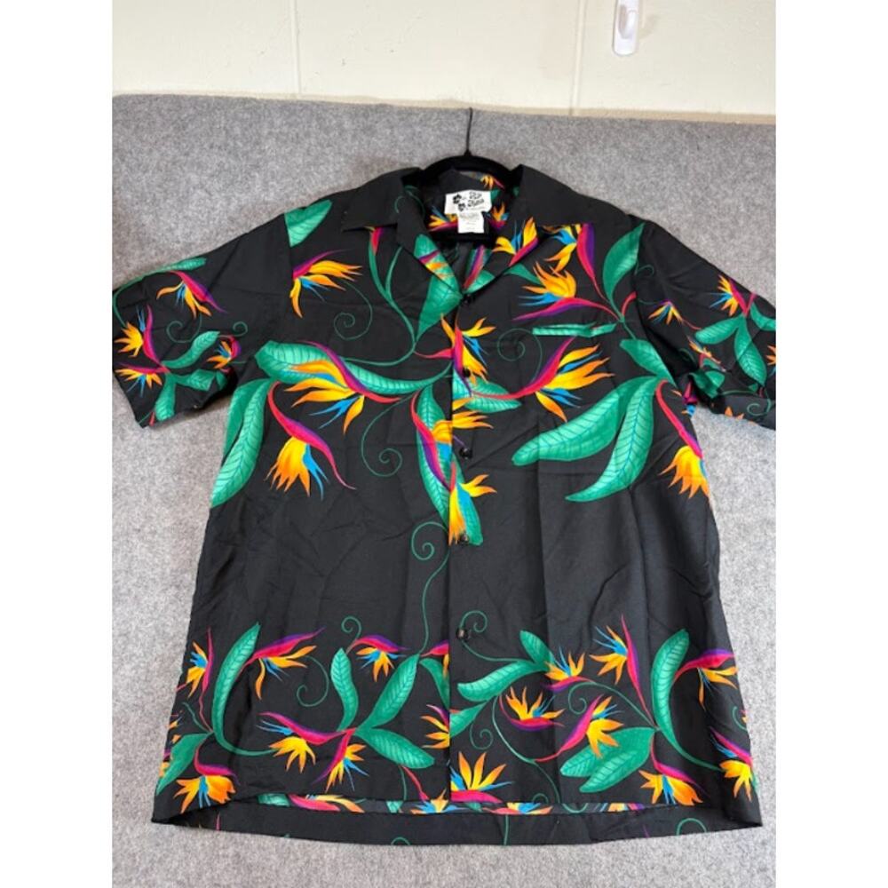 VTG 80s Hilo Hattie Hawaiian Shirt Mens XL Black Floral Tropical Summer Vacation